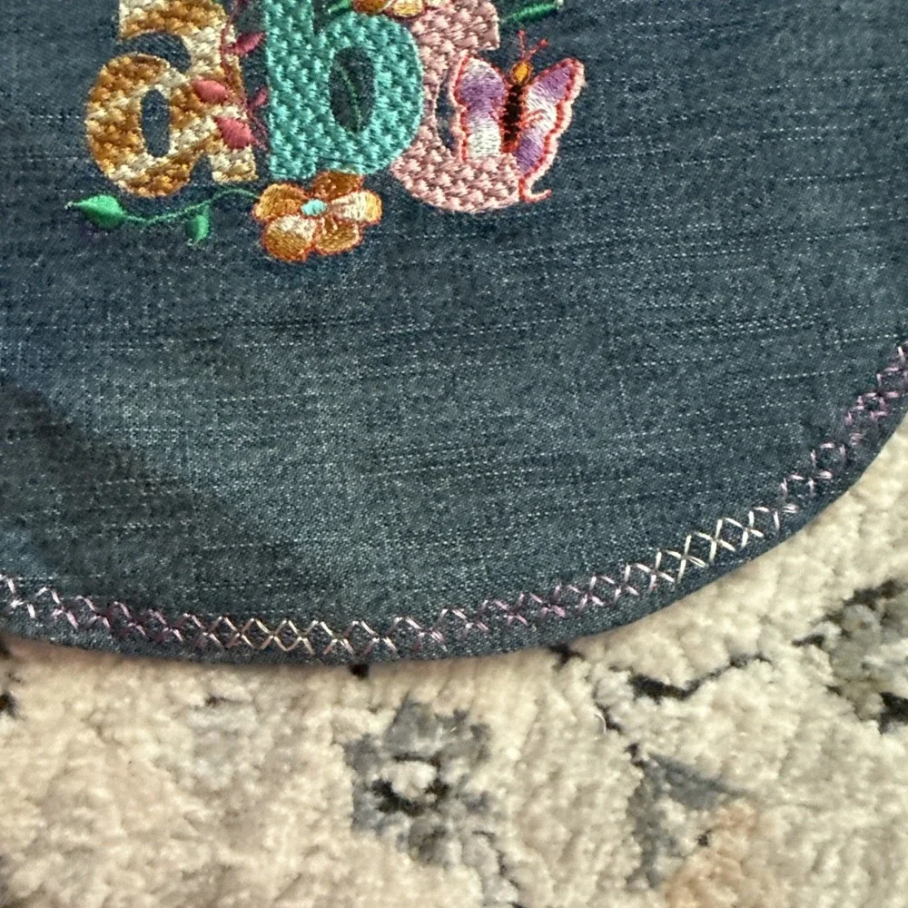 Infant Baby Denim Cloth Bib W/ Embroidery With Adjustable Closure